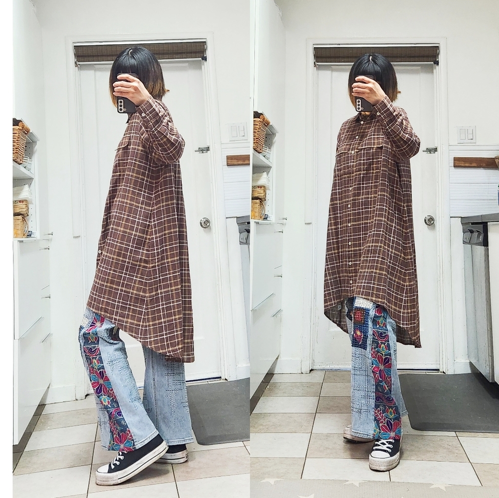 NWT-World Market Brown and Ivory Plaid Shirt Dress Size: Free Size